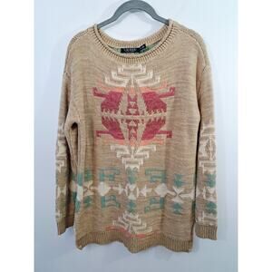 Lauren Ralph Lauren Women's Southwest Print Tan Linen Blend Sweater Size Medium